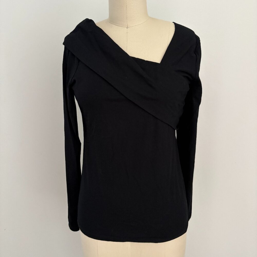 Donna Degnan Women's Asymmetrical Neck Black Long Sleeve Minimalist Chic Top M